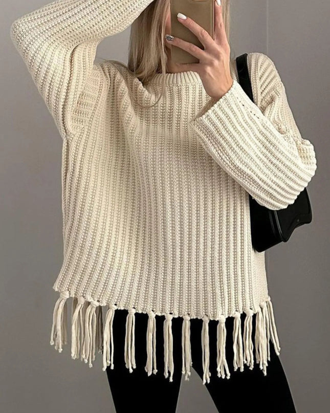 Fringe Round Neck Long Sleeve Sweater
