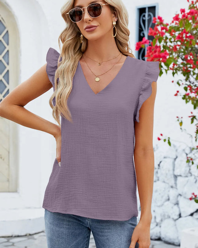 Ruffled V-Neck Cap Sleeve Blouse 