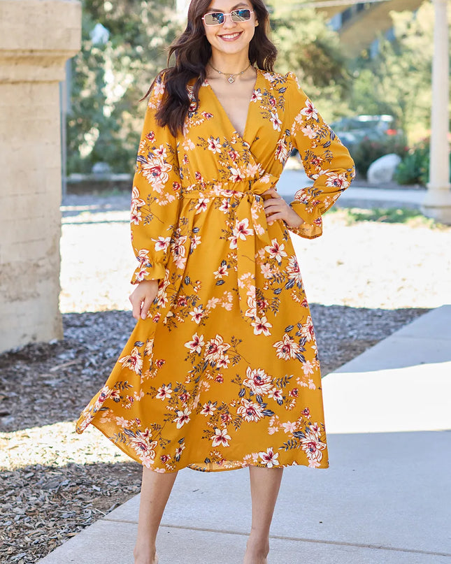 Double Take Full Size Floral Tie Back Flounce Sleeve Dress Caramel