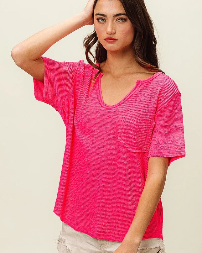 BiBi Waved Rib U Neck Top With Front Pocket
