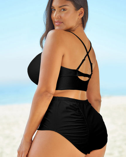 Full Size Halter Neck Crisscross Ruched Two-Piece Swimsuit