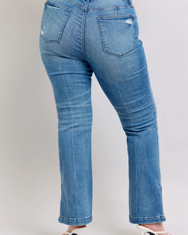 Judy Blue HW Tummy Control Vintage Wash Side Slit Slim Boot Jeans