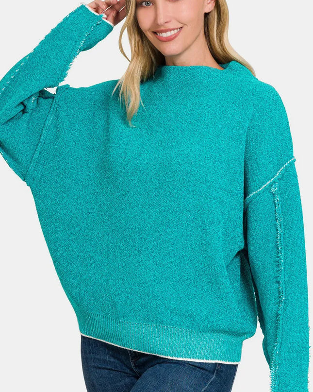 Zenana Exposed Seam Mock Neck Long Sleeve Sweater Lt Teal