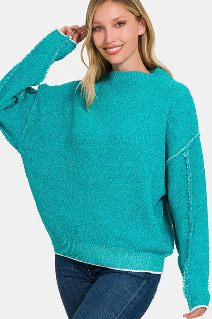 Zenana Exposed Seam Mock Neck Long Sleeve Sweater Lt Teal