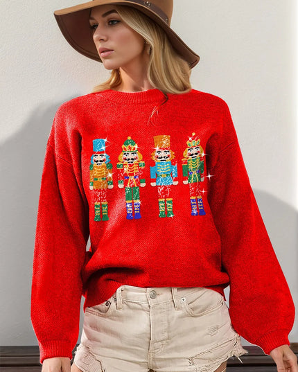 Double Take Full Size Sequin Nutcracker Long Sleeve Sweater Red