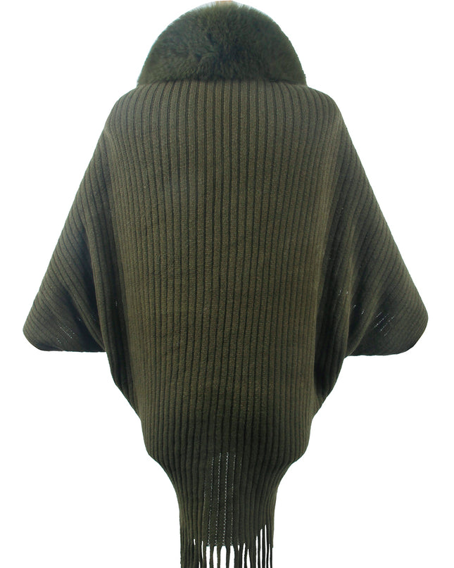 Fringe Detail Long Sleeve Ribbed Poncho