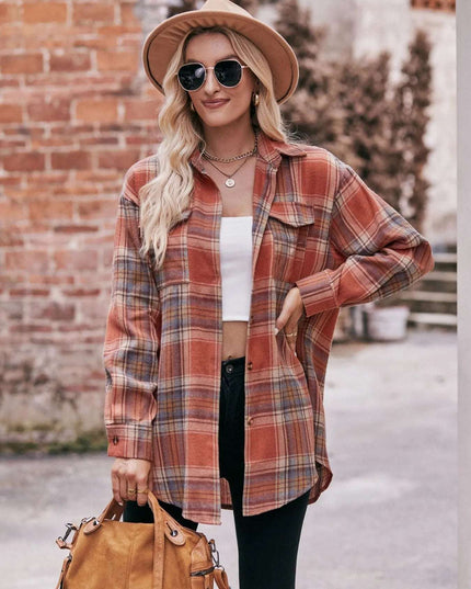 Plaid Button-Down Long Sleeve Shirt Caramel