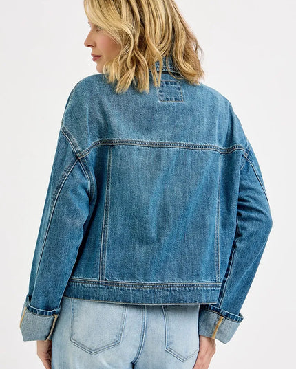 RISEN Oversized Cargo Pocket Denim Jacket with Cuffed Sleeves