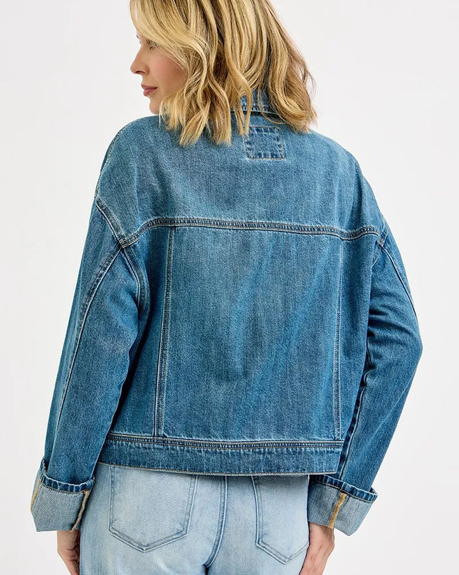 RISEN Oversized Cargo Pocket Denim Jacket with Cuffed Sleeves