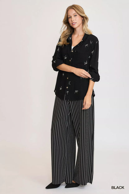 Umgee Linen Blend Fitted Shirt with Ribbon Embroidery Details