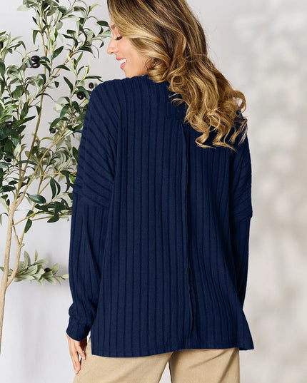 Basic Bae Full Size Ribbed Round Neck Slit Knit Top