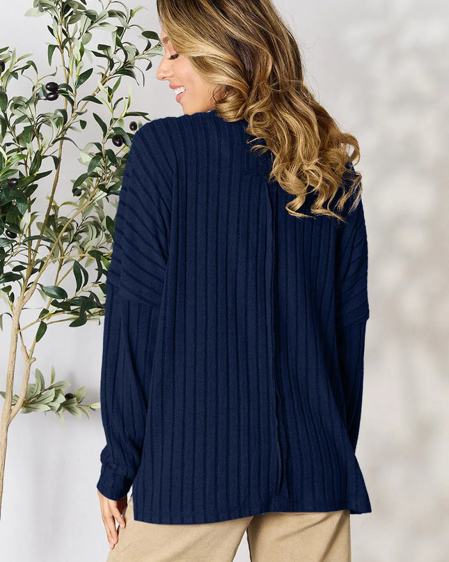 Basic Bae Full Size Ribbed Round Neck Slit Knit Top