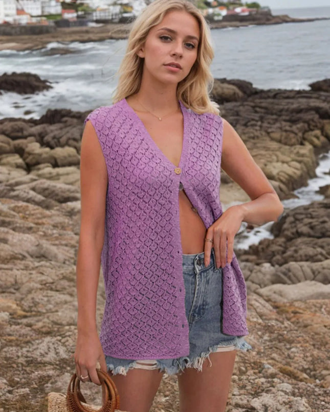 Button Down Eyelet V-Neck Sweater Vest