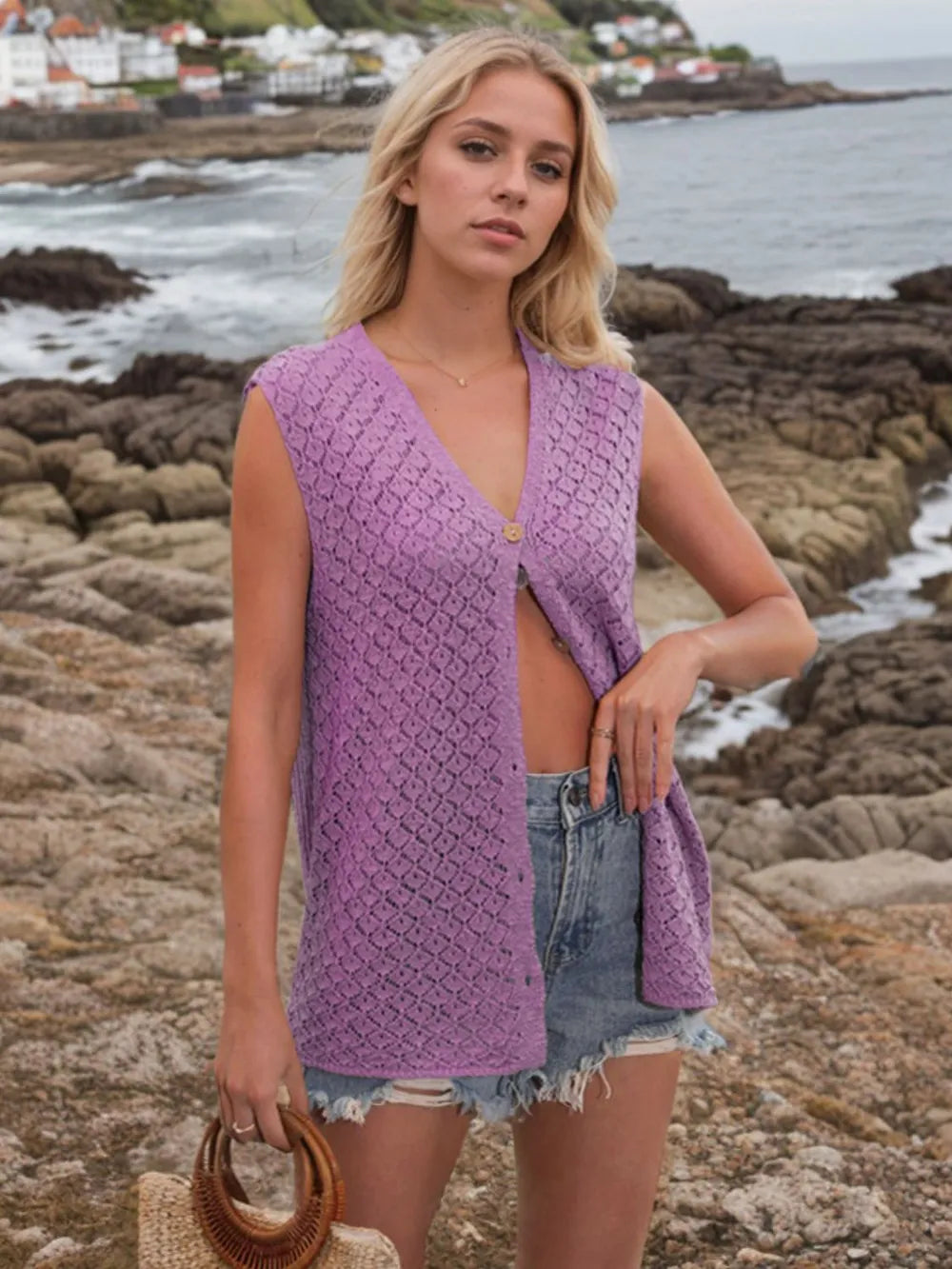 Button Down Eyelet V-Neck Sweater Vest