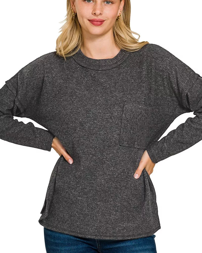 Zenana Ribbed Brushed Melange Hacci Sweater with Chest Pocket BLACK