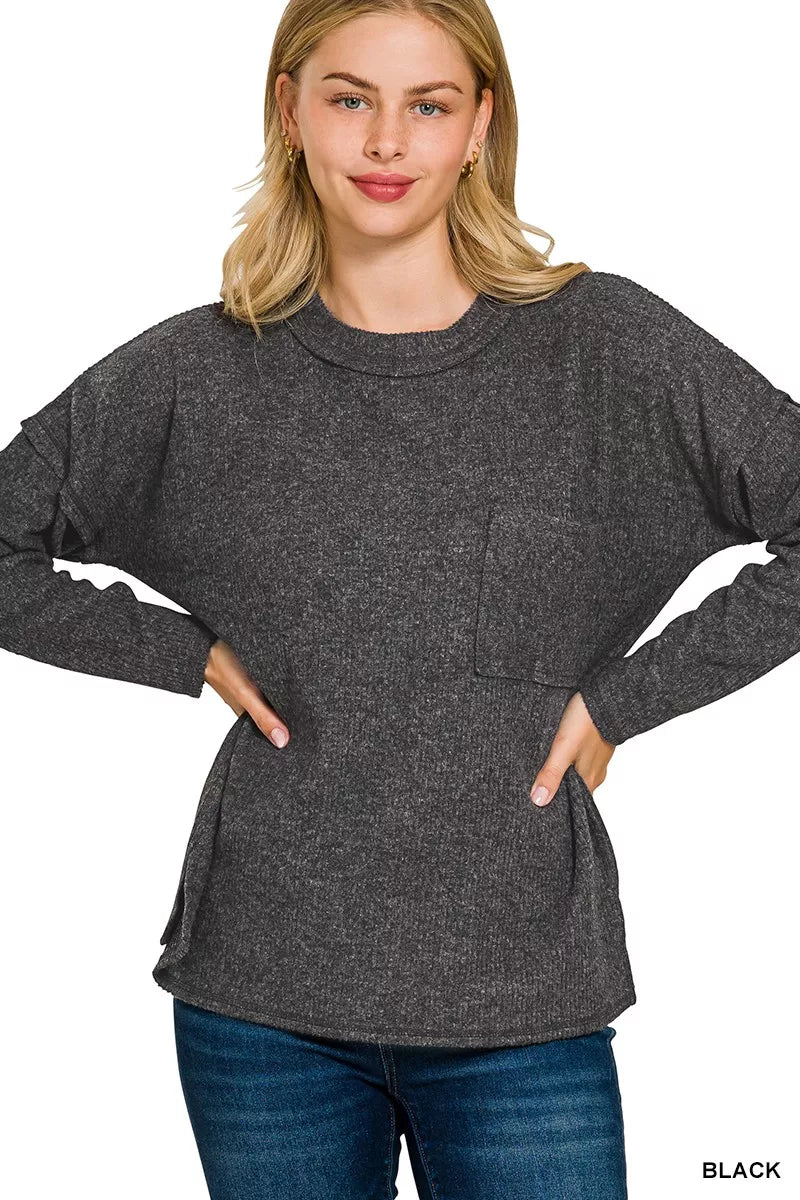 Zenana Ribbed Brushed Melange Hacci Sweater with Chest Pocket BLACK
