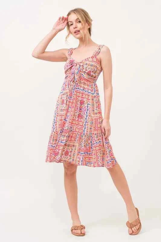 And The Why Tied Front Smocked Back Tiered Boho Printed Dress