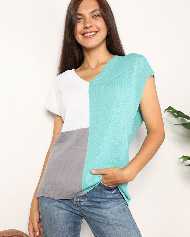 Color Block V-Neck Knit Top