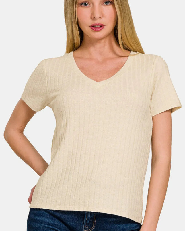 Zenana Ribbed Short Sleeve T-Shirt Sand Beige