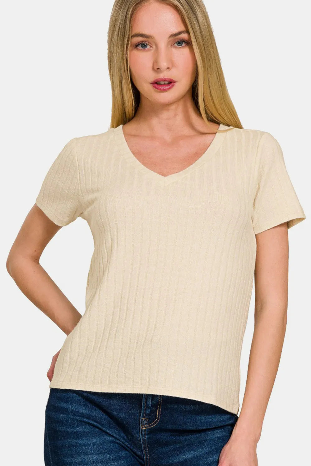 Zenana Ribbed Short Sleeve T-Shirt Sand Beige