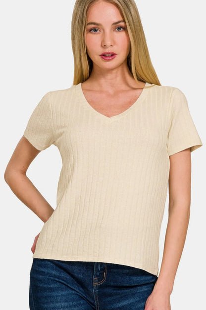 Zenana Ribbed Short Sleeve T-Shirt Sand Beige