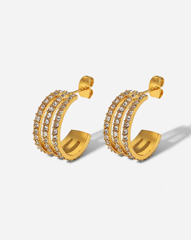 Stainless Steel Inlaid Zircon C-Hoop Earrings Gold One Size