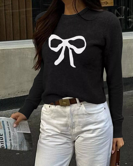 Bow Round Neck Knit Top Black