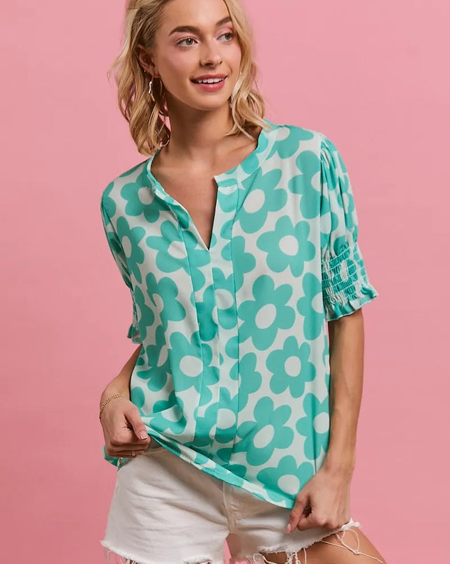 BiBi Flower Printed Woven Smoking Sleeves V Neck Top