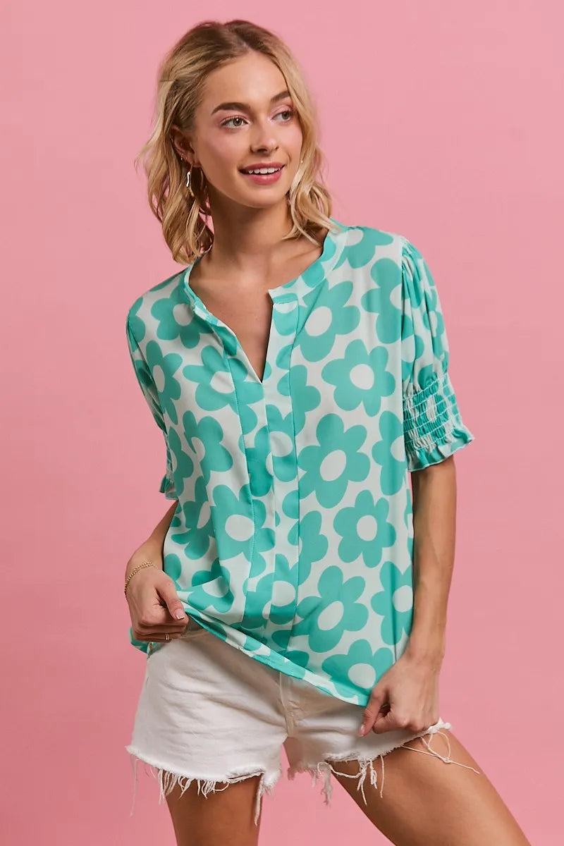 BiBi Flower Printed Woven Smoking Sleeves V Neck Top