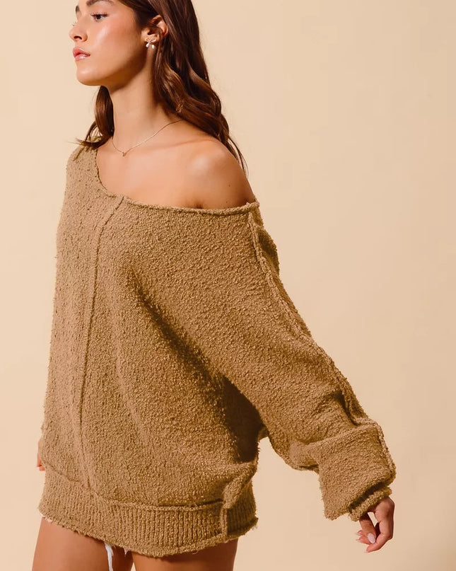 SO ME Loose Fit Exposed Seam Slouchy Boucle Sweater