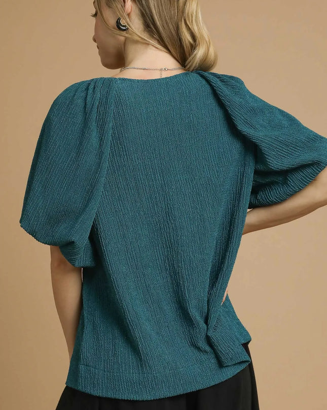 Umgee Textured Flutter Sleeve Notch Neck Top