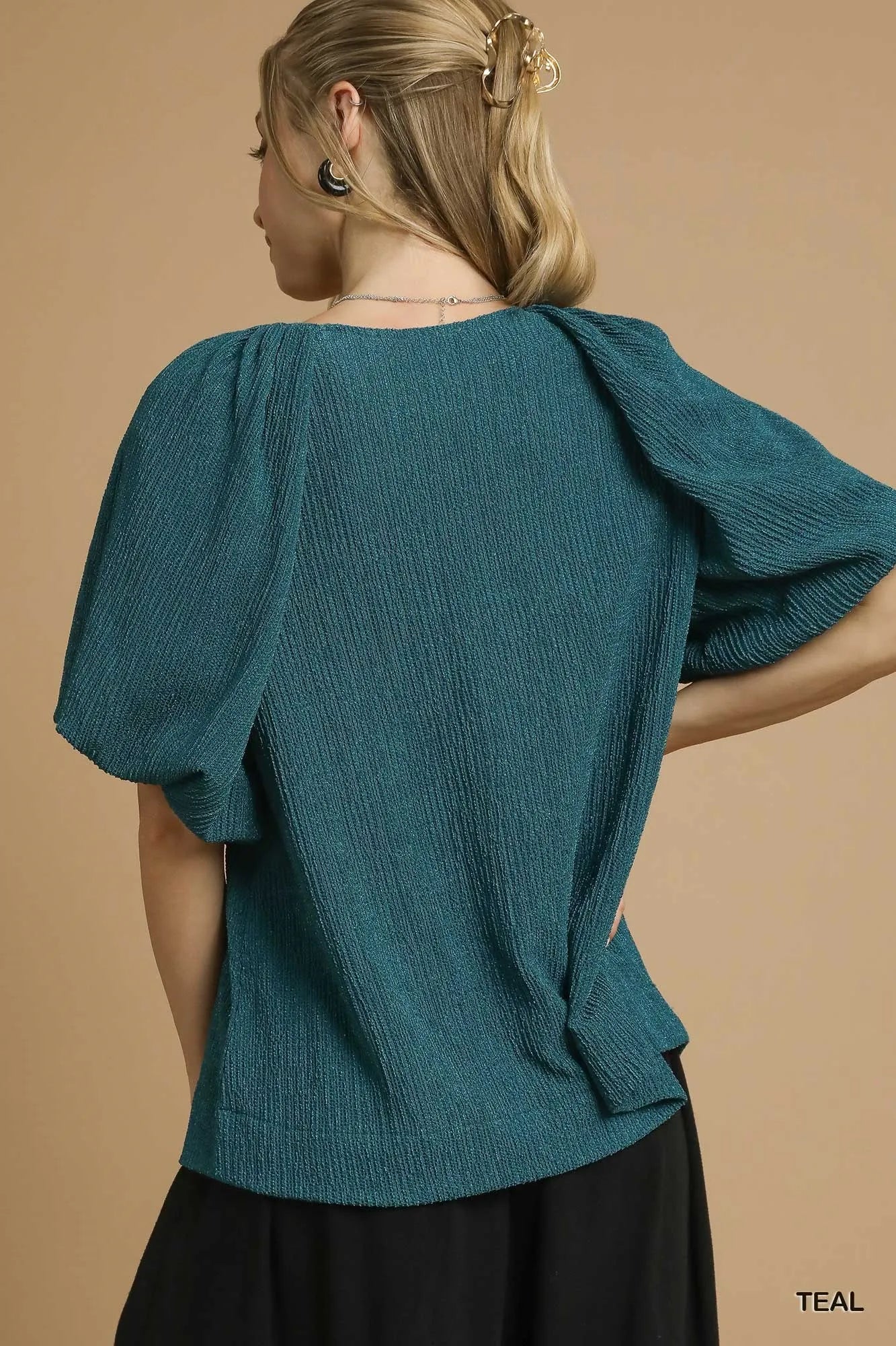 Umgee Textured Flutter Sleeve Notch Neck Top