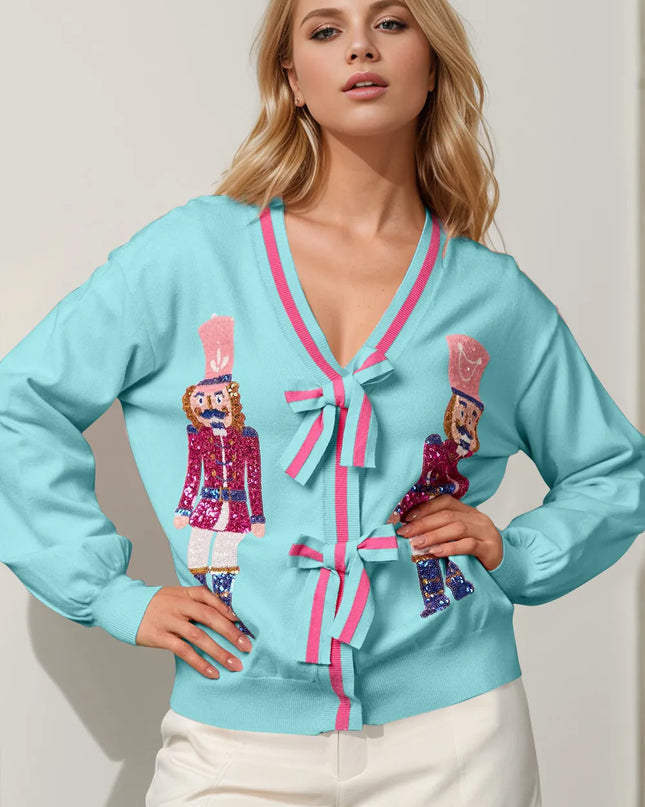 Double Take Full Size Nutcracker Sequin Bow Decor Cardigan Pastel Blue