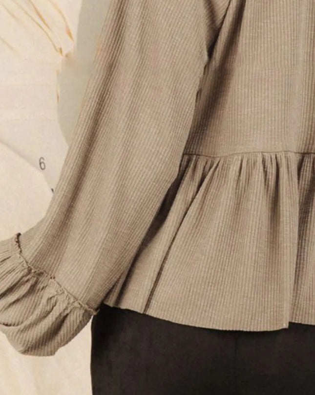 Notched Balloon Sleeve Peplum Blouse