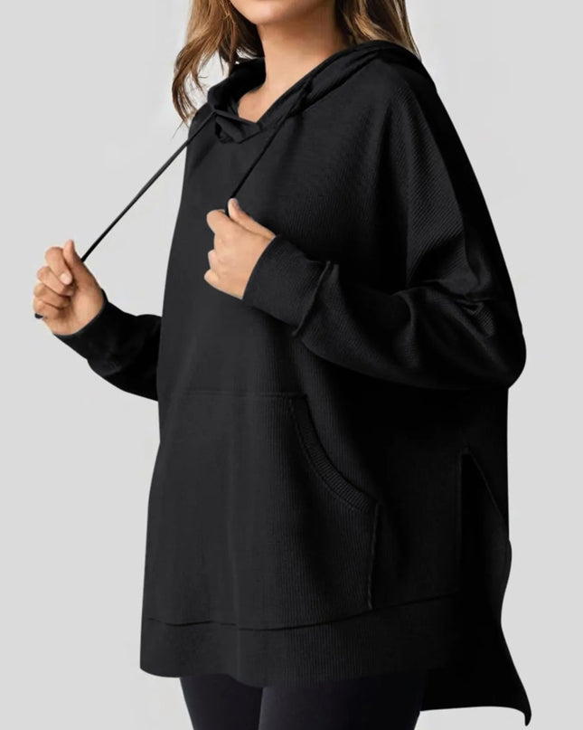 Slit Drawstring Waffle Knit Hoodie