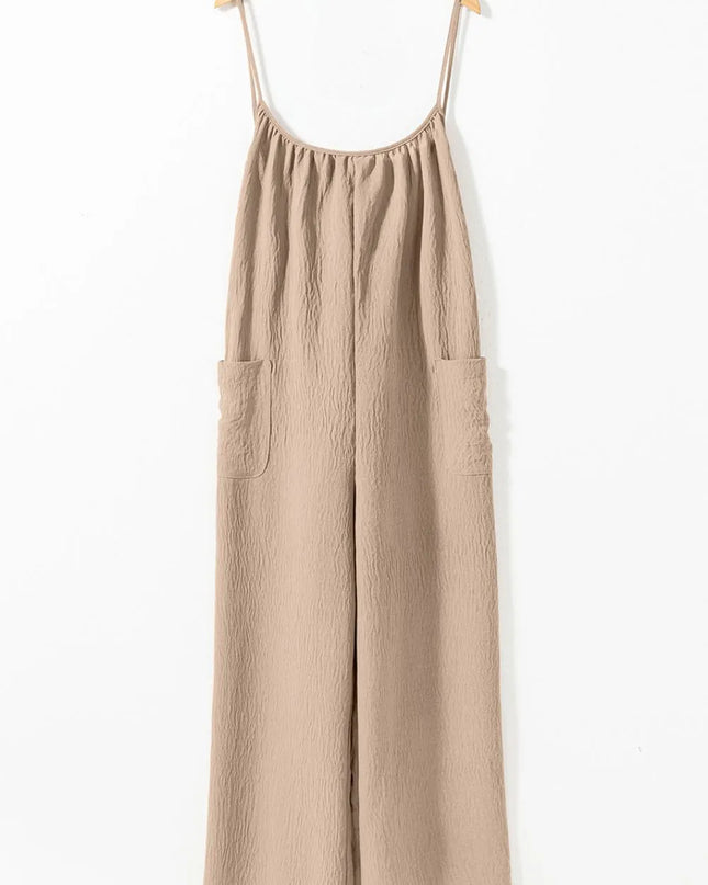 Spaghetti Strap Waist Tie Wide Leg Jumpsuit with Pockets