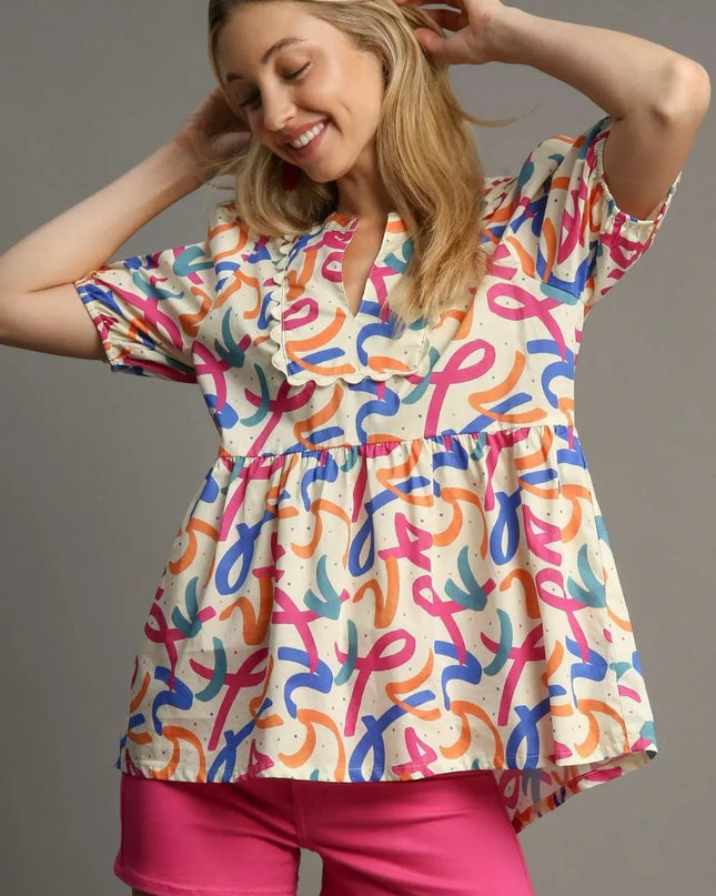 Umgee Full Size Mixed Print Puff Sleeve Babydoll Blouse Plus Size