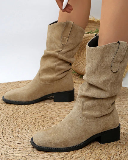 Pleated Pull-On Western Cowboy Boots Khaki