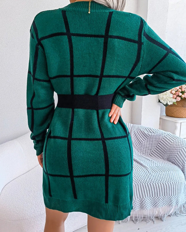 Plaid Round Neck Dropped Shoulder Sweater Dress