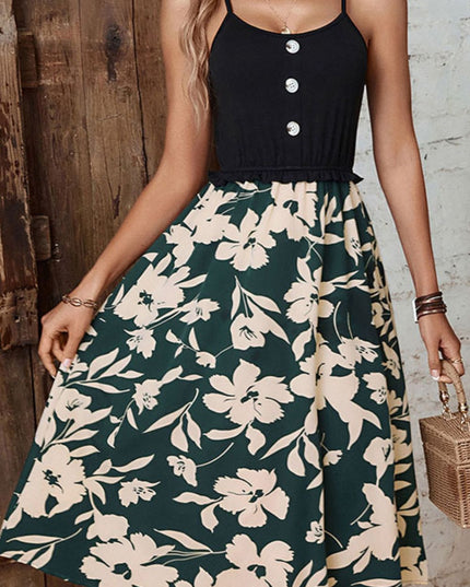 Perfee Two-Tone Decorative Button Frilled Dress