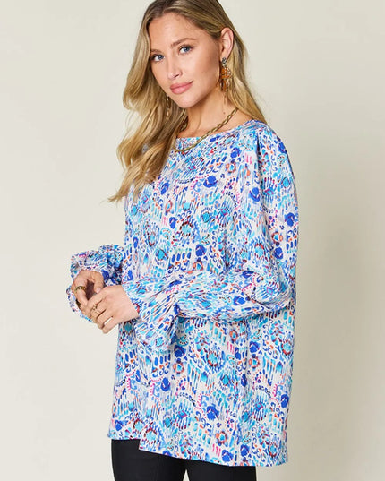Double Take Full Size Printed Flounce Sleeve Blouse