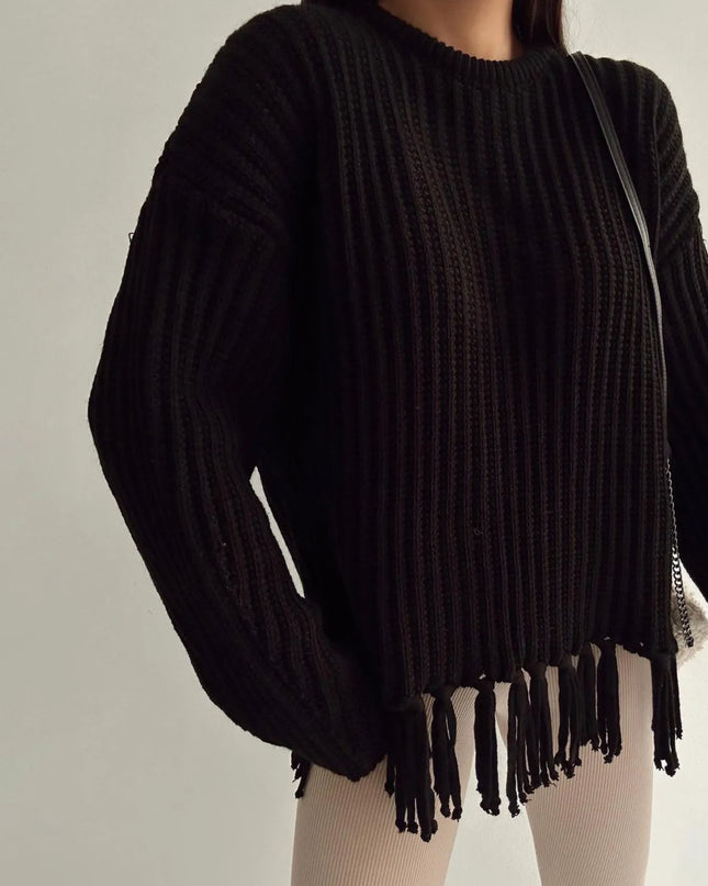Fringe Round Neck Long Sleeve Sweater Black