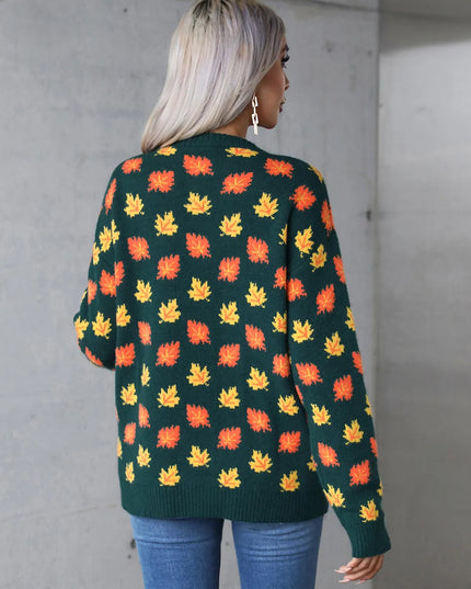 Angel Wings Maple Leaf Round Neck Long Sleeve Sweater