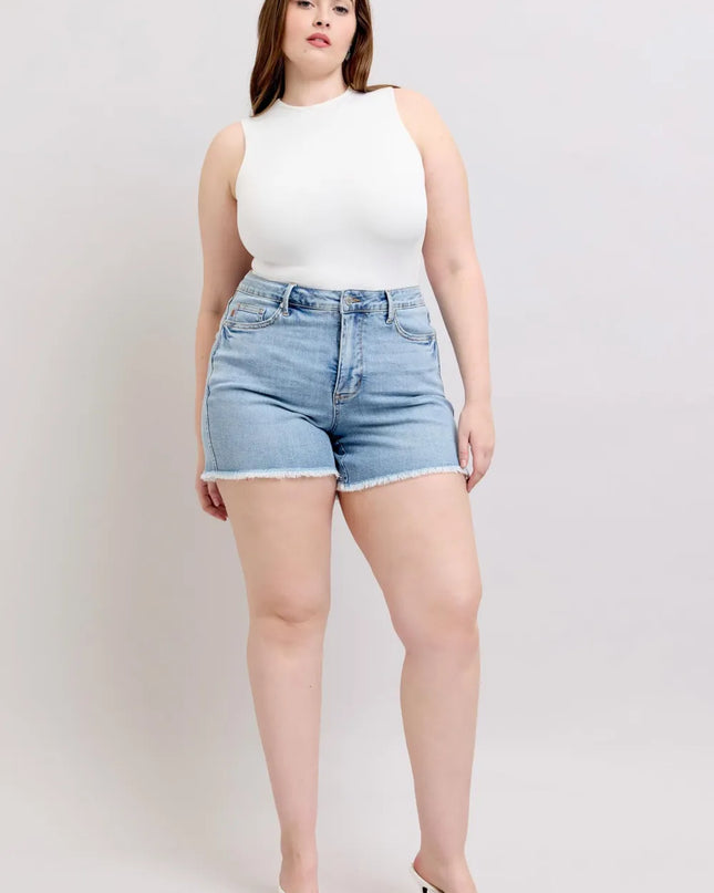 Judy Blue Full Size Tummy Control Raw Hem Denim Shorts Plus Size