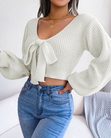 Tie-Front Rib-Knit Cropped Sweater White