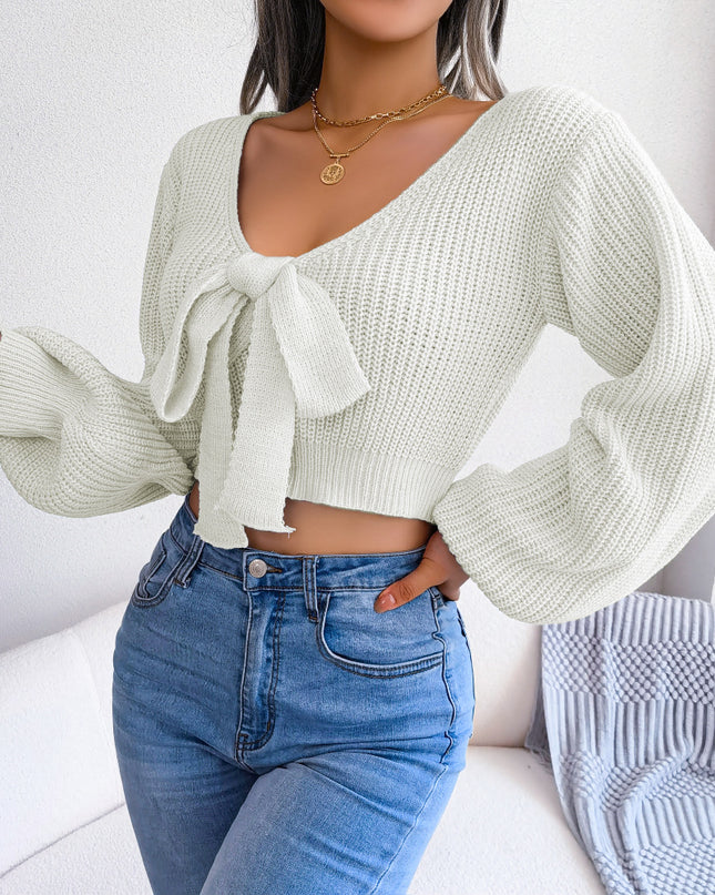 Tie-Front Rib-Knit Cropped Sweater White