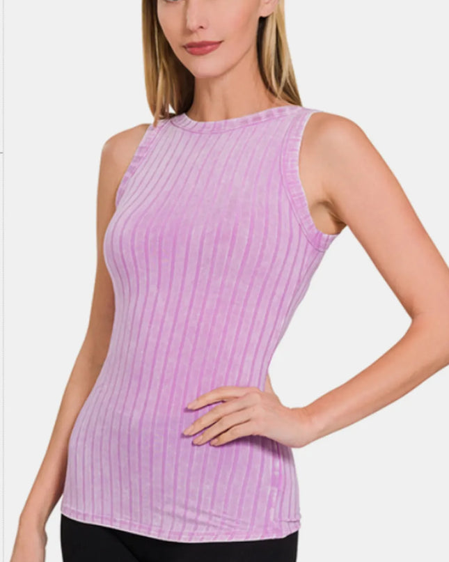 Zenana Ribbed Washed Round Neck Tank MAUVE
