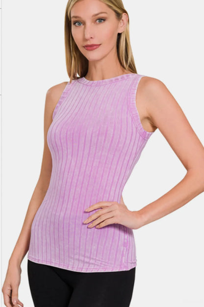 Zenana Ribbed Washed Round Neck Tank MAUVE