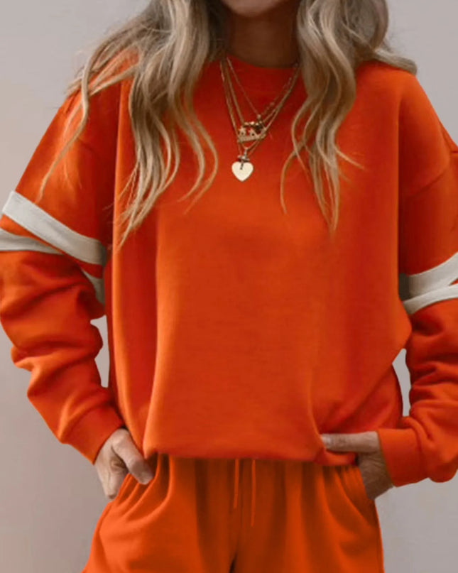Stripe Round Neck Sweatshirt and Shorts Set Orange