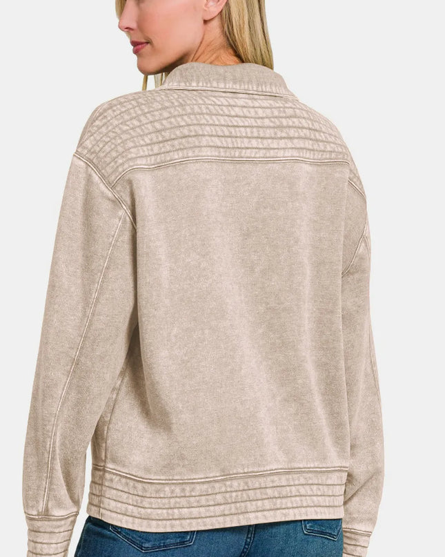 Zenana Acid Washed Half Snap Fleece Sweatshirt